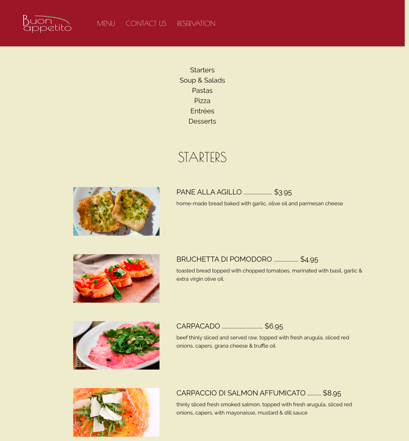 menu page for restaurant, Buon Appetito